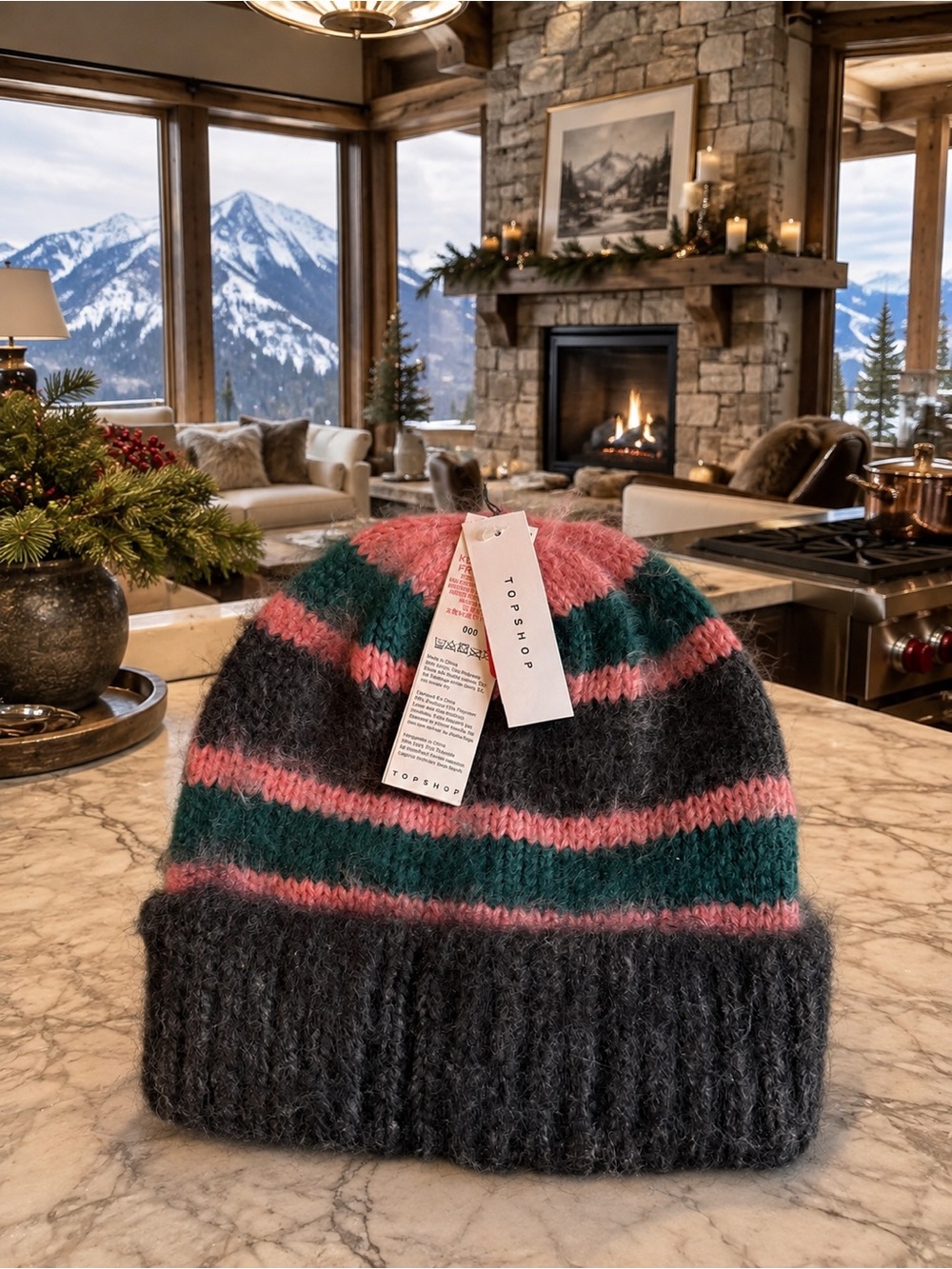 Topshop Charcoal, Pink & Teal Striped Knit Beanie Hat